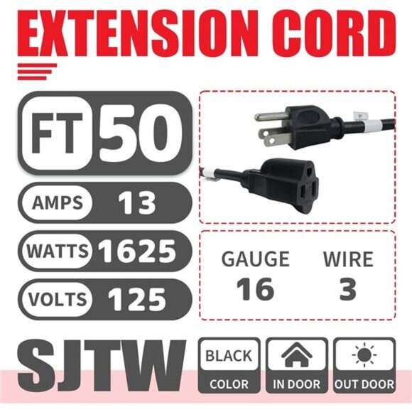 New 50 Ft Outdoor Extension Cord - 16/3 SJTW Black Electrical Cable - Picture 5 of 9